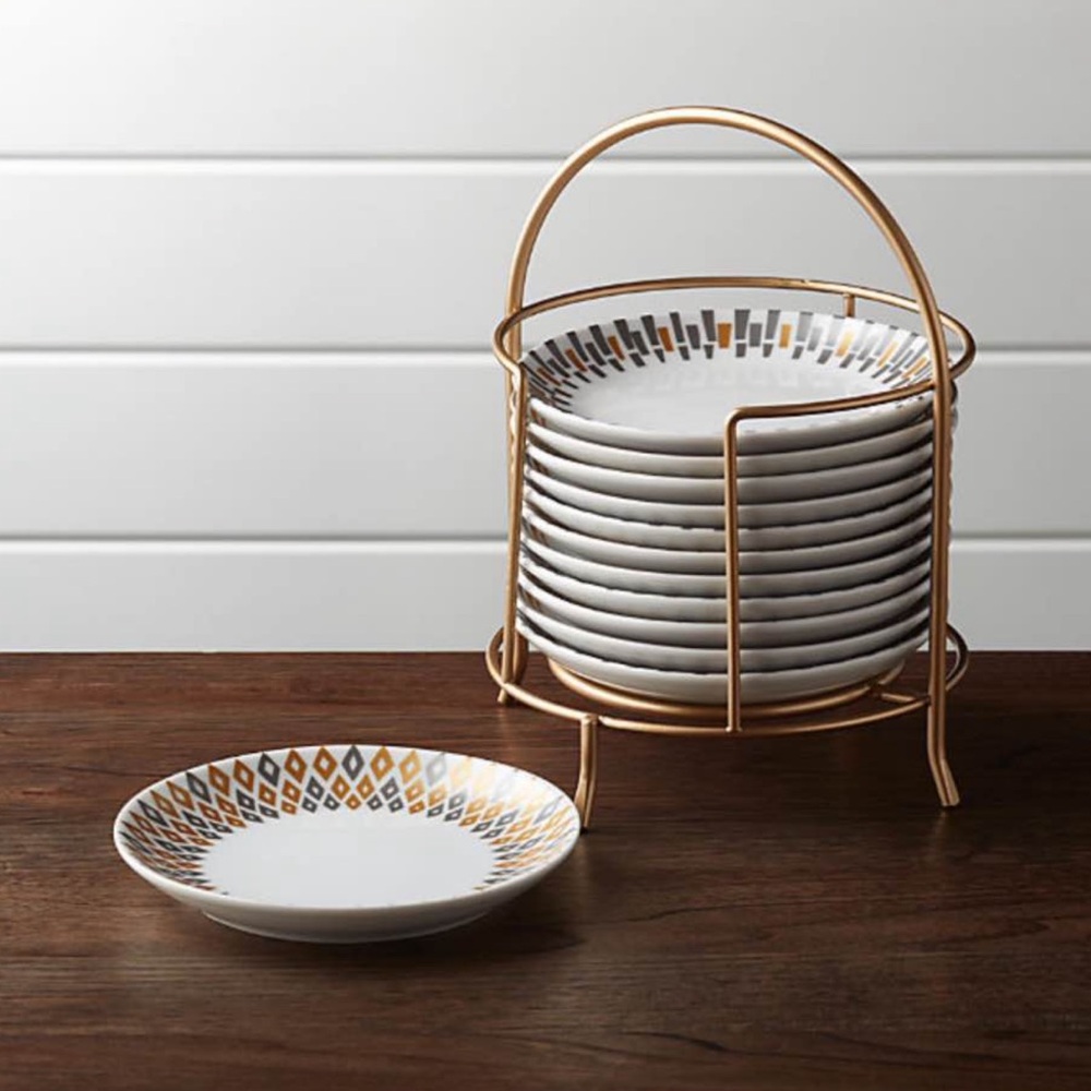 Set of White & Gold Accent Plates W/Stand